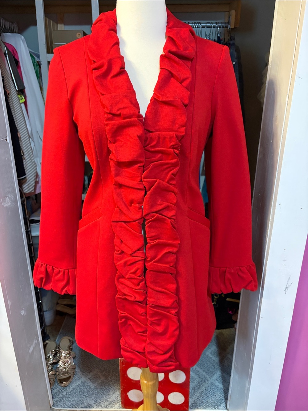INC International Concepts Red Ruffled Blazer Jacket
